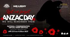 the poster for anzac day is shown in black and red