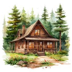 a watercolor painting of a cabin in the woods