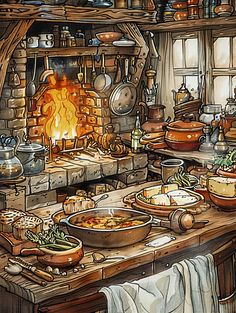 a drawing of a kitchen filled with pots and pans next to a fire place