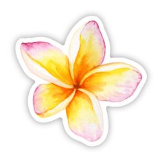 a yellow and pink flower sticker sitting on top of a white surface with watercolor paint