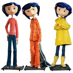 three cartoon dolls are standing next to each other