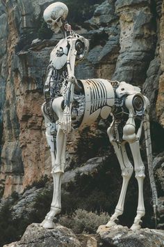 a skeleton horse standing on top of a rocky hillside