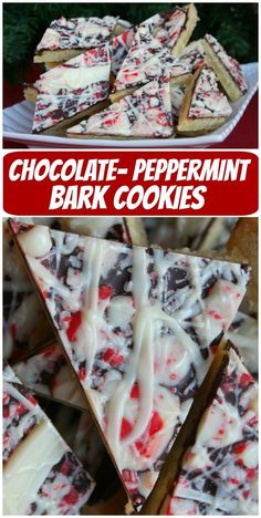 white chocolate peppermint bark cookies are stacked on top of each other