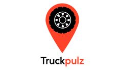 the truckpuz logo is shown on an orange map pin with a tire in it