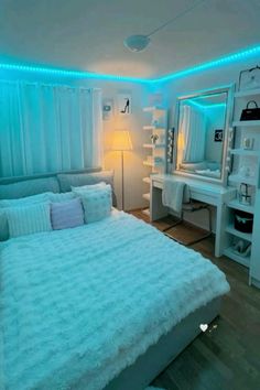 a bed room with a neatly made bed and blue lights