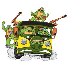 the turtles are riding on top of an old vw bus