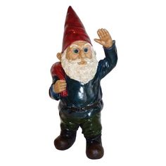 a garden gnome figurine with his hand in the air