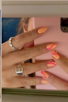 Cute Nails Pink And Orange, Orange And Pink Design Nails, Orange Pink Nail Designs, Pastel Orange Nails Almond, Bright Orange And Yellow Nails, Orangy Pink Nails, Cute Neon Nails Summer Almond, Summer Nails Orange And Yellow, Light Orange And Pink Nails