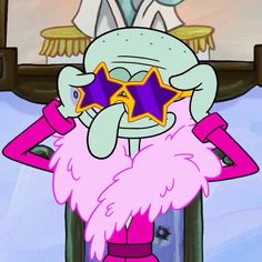 a cartoon character with pink hair and purple glasses holding a star in front of her face