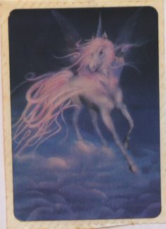 an image of a unicorn flying in the sky with long pink hair and wings on it's back