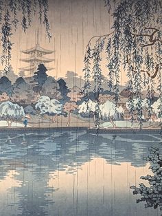 "A posthumous woodblock print titled \"Kofukuji Temple in Nara\" by Tsuchiya Koitsu (Japanese 1870-1949).  It is framed in black enameled wood.  The print has two top mats, the highest one is finished in fabric.  The visible print measures 15 3/4 H x 10 3/4 W inches, the overall frame dimensions are 22 1/2 H x 17 1/4 W.  Some of the photos show reflections from the glass.   CONDITION:  The woodblock print has not been examined outside the frame.  The paper is possibly slightly toned.  The frame Koitsu Tsuchiya, Koson Ohara, Tsuchiya Koitsu, Wallpaper Estetika, Arte Peculiar, Japanese Art Prints, Japanese Artwork, Japon Illustration, Brush Painting