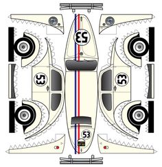 an overhead view of a race car with numbers on the front and rear sides, from above