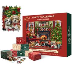 a christmas themed puzzle with dogs and presents