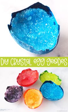 diy crystal egg geodes with text overlay that says diy crystal eggs