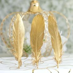 three golden feathers sitting next to each other on a white tablecloth with a gold crown in the background