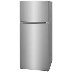 a silver refrigerator freezer sitting on top of a white wall