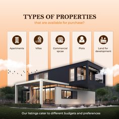 an advertisement for a new home with different types of properties