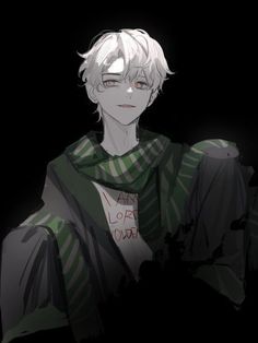 an anime character with white hair and green scarf