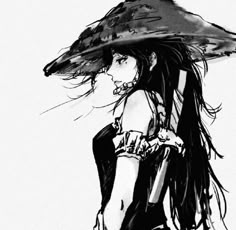 a black and white drawing of a woman with long hair wearing a large hat on her head