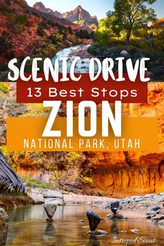 the national park utah with text that reads scenic drive 13 best stops zion