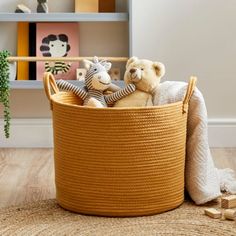 two stuffed animals sitting in a basket on the floor next to a book shelf and bookshelf