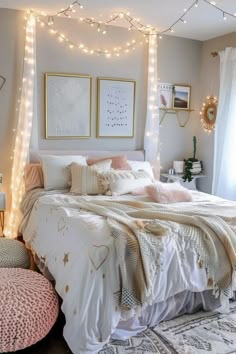 a bedroom with lights strung from the ceiling