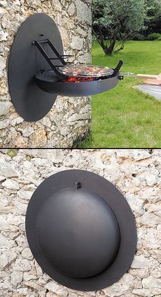 there are two pictures of an outdoor grill on the stone wall and one is showing it's cooking area