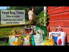 several bags with animals on them and the words feed bag totes how to video fundraiser for a local animal shelter