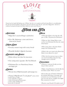 a menu for an event with food and fun written on the front, in pink