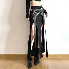 Material: Polyester, Spandex, Faux Leather Size Waist (cm) Hips (cm) Length (cm) Waist (in) Hips (in) Length (in) S 66 86 94.5 25.98 33.86 37.20 M 70 90 96 27.56 35.43 37.80 L 74 94 97.5 29.13 37.01 38.39 Casual Assassin Outfit, Cyberpunk Skirt Outfit, Goth Outfits Long Skirt, Techwear Skirt, Women Techwear, Streetwear Fashion Black, Moda China, Short Knit Dress, Rave Skirt