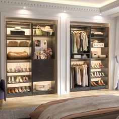 an open closet with shoes and handbags on the shelves next to a large bed