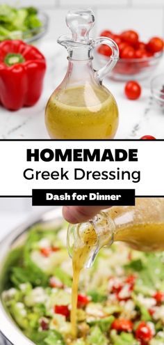 homemade greek dressing being drizzled over a dish with tomatoes and lettuce