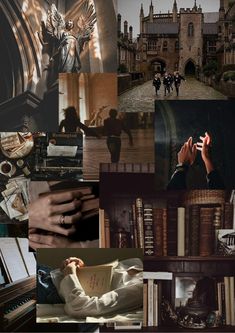 a collage of images with people and books in them, including an old building