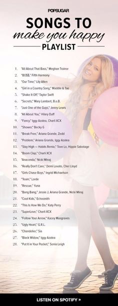 a woman holding a pink ballon in her hand with the words, songs to make you happy playlist