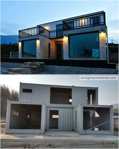 two pictures side by side with the same house being built in different stages of construction