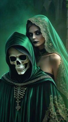 a painting of two women dressed up as skeleton brides in green robes and veils