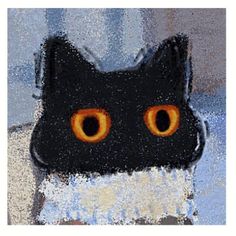 a black cat with orange eyes is depicted in this artistic painting by artist mark strick