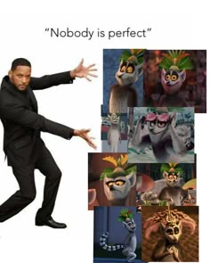 a man in a black suit is dancing with his hands out and the caption says nobody is perfect