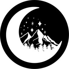 a black and white silhouette of a mountain with stars in the night sky