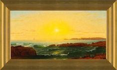 an oil painting of the sun setting over the ocean