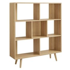 a wooden bookcase with four shelves on one side and two legs in the other