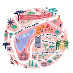 an illustrated map of palm trees, buildings and other things in the shape of a circle