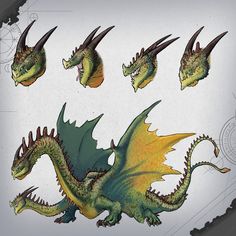 some green and yellow dragon like creatures on a white background