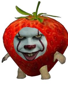 an animated image of a red strawberry with a creepy clown face on it's head