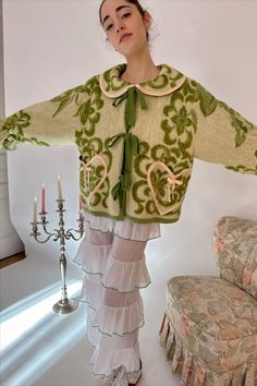 Absolutely perfect upcycled from true vintage cotton ruffle bottoms. White colour with green hem. Beautiful and dream fit, amazing details. Super comfy. Look super antique. Sheer. Ropa Upcycling, Vintage Wool Blanket, Blanket Coat, Ruffle Pants, Eclectic Fashion, Green Coat, Wool Blanket, Vintage Fabric, Vintage Wool