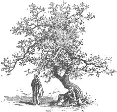 an old tree with two people under it and one person standing next to the tree, vintage line drawing or engraving illustration