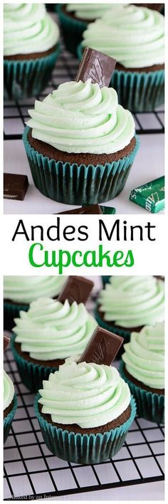 green cupcakes with white frosting and chocolate on top