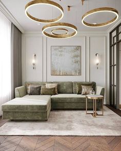 an elegant living room with white walls and wood flooring, round lights above the couch