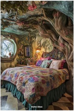 a bed in a room with trees growing out of the walls and on top of it