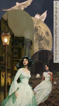 two women in white dresses are standing near a street light and the moon is above them